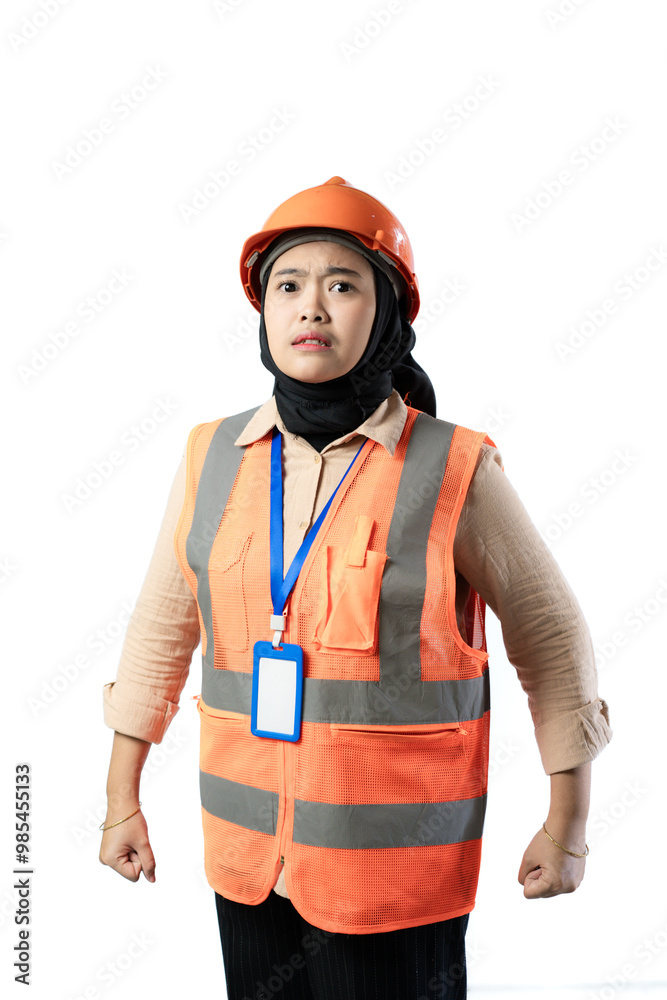 Young Asian female construction worker in hijab who looks very angry and wants to hit something, industrial and construction concept, isolated white background. Young Asian female construction worker in hijab who looks very angry and wants to hit something, industrial and construction concept, isolated white background.