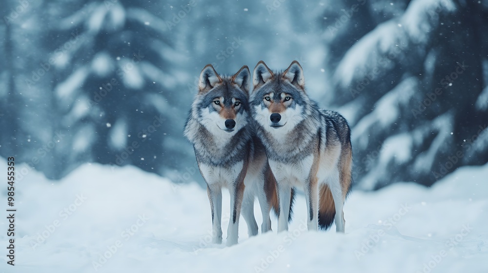 Fototapeta premium Two wolves standing in the snow, one of which is looking at the camera