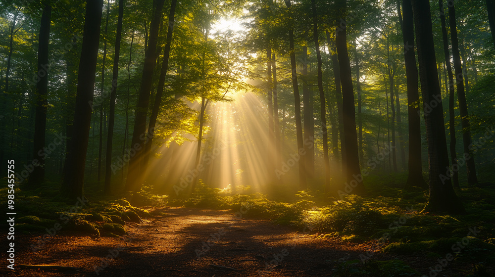 Obraz premium Forest at sunrise golden light.