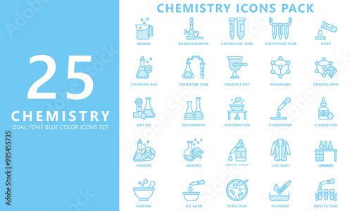 Chemistry dual tone, blue color icon set, contain atom, flask, beaker, tube, drop, mortar, hazard, erlenmeyer and more. vector EPS 10. use for UI, UX, app and web development. for industry, education.