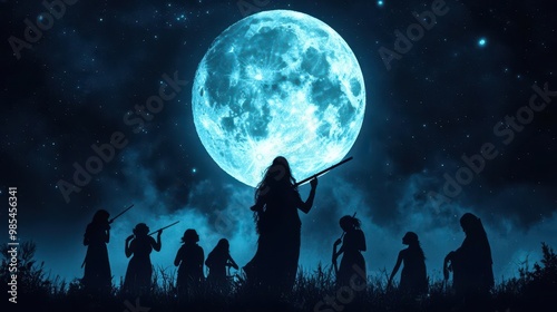 Krishna as the divine cowherd, surrounded by gopis, playing his flute under a full moon, Krishna avatar, divine love, pastoral scene