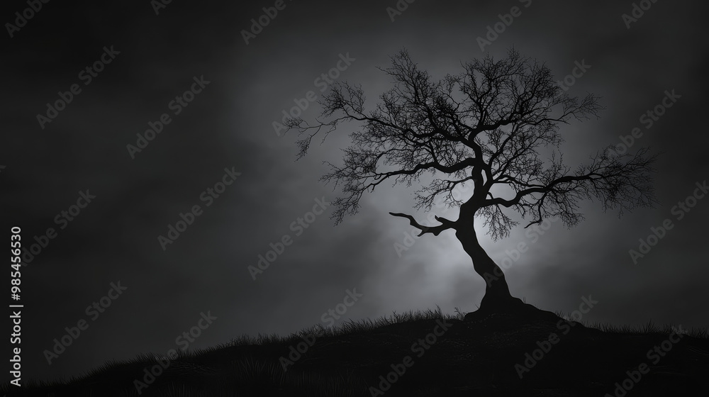 A tree is silhouetted against a dark sky A tree is silhouetted against a dark sky