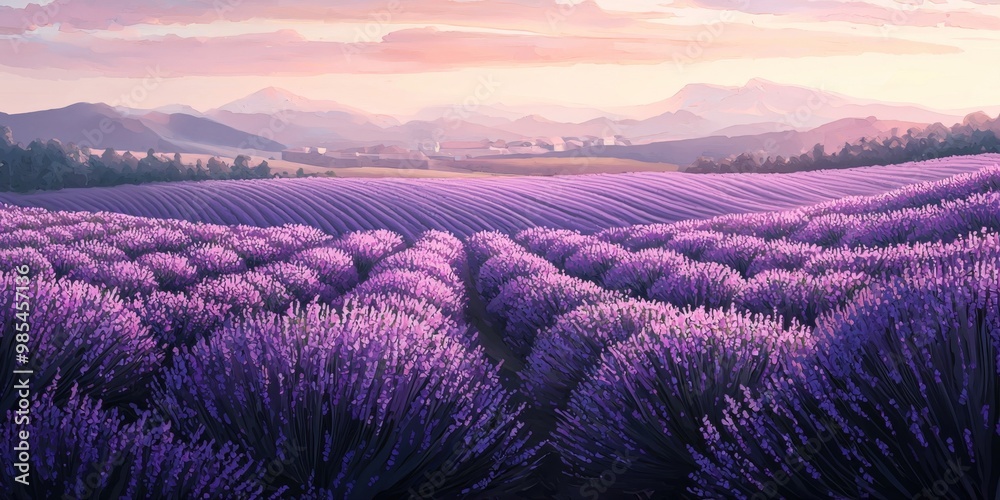 Enchanting Lavender Field Landscape in Dreamy Pastel Sunset