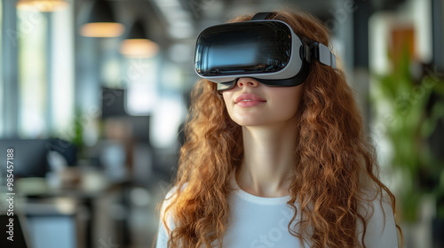 Wallpaper Mural Young woman using virtual reality technology in a modern workspace. Torontodigital.ca