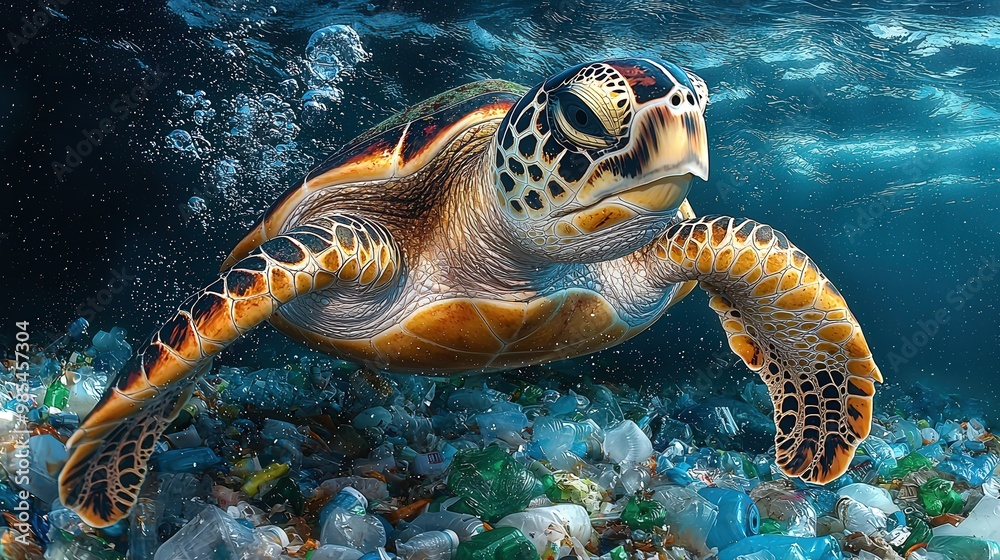 Fototapeta premium Sea Turtle Swimming in Plastic Pollution