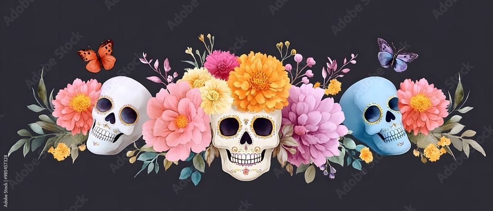 A vibrant design featuring skulls and colorful flowers, surrounded by butterflies, perfect for Day of the Dead or festive decor.