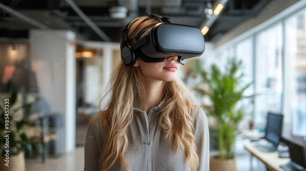 Young woman using virtual reality technology in a modern workspace. Young woman using virtual reality technology in a modern workspace.