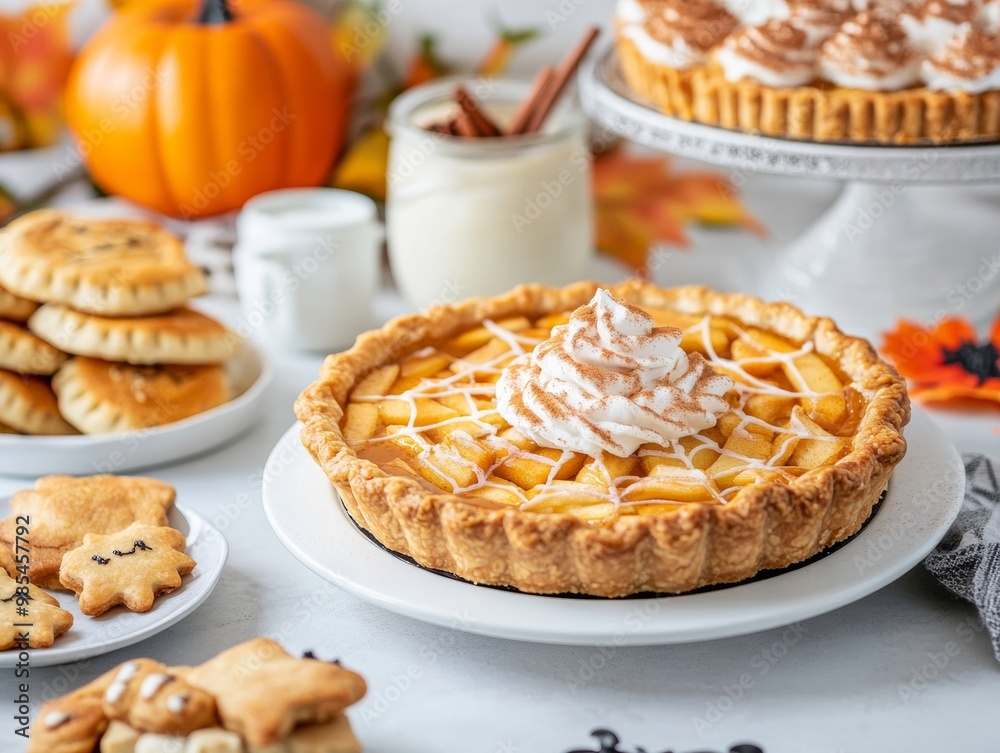 Halloween-themed apple pie with a spider-web crust design Halloween-themed apple pie with a spider-web crust design
