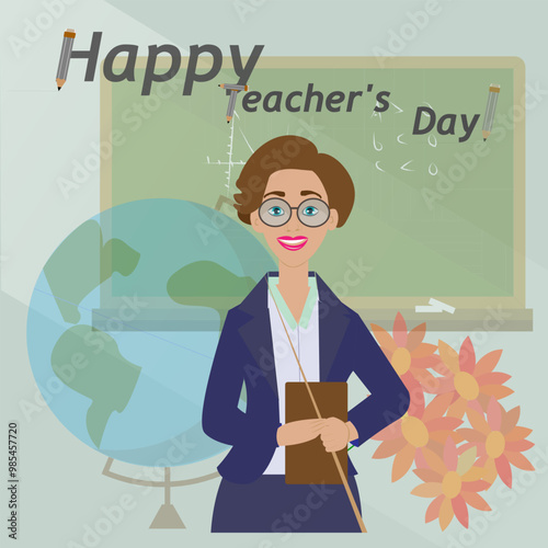 Teacher's Day. The teacher is near the blackboard. A woman with glasses and a jacket