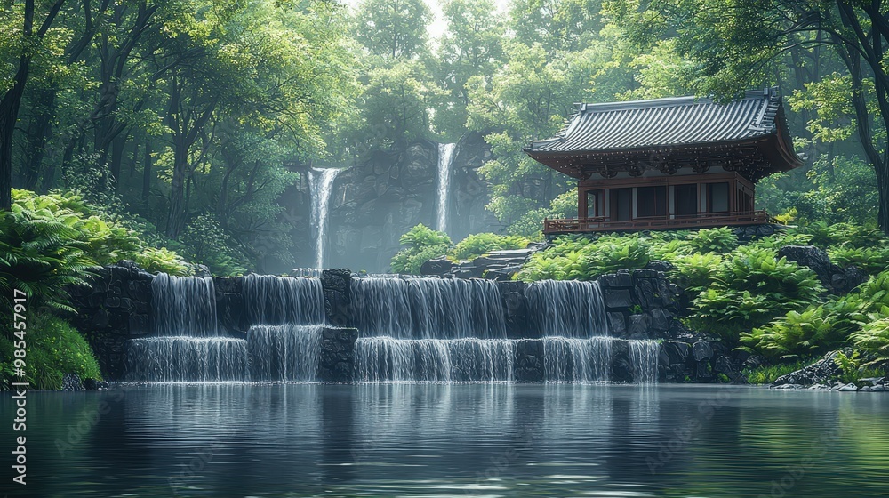 Fototapeta premium Tranquil Waterfall and Japanese Pagoda in Lush Forest
