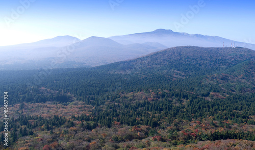 Aerial view of autumnal foggy Hallasan National Park seen from Jeolmul-oleum at Jeju-si, Jeju-do Island, South Korea