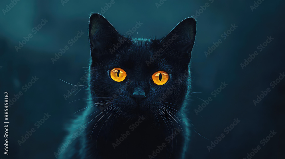 This haunting black cat appears almost spectral, its glowing eyes cutting through the darkness, evoking a sense of both intrigue and unease in the isolated setting. This haunting black cat appears almost spectral, its glowing eyes cutting through the darkness, evoking a sense of both intrigue and unease in the isolated setting.