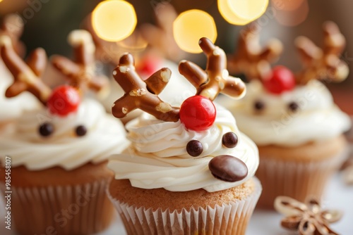 Christmas Themed Cupcakes Decorated with Frosting photo