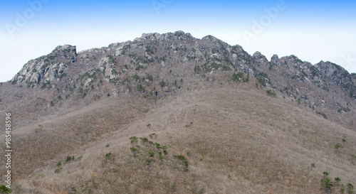 Aerial view of Sangwangbong and Chilbulbong Peak at Gayasan Mountain in the winter near Hapcheon-gun, South Korea