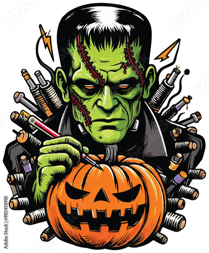 Amazing Sticker Halloween colorfull frankenstein illustration vector