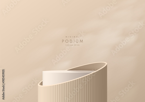 Realistic beige 3D cylindrical podium background with leaf shadow and lighting scene. Minimalist mockup pedestal, Abstract luxury product display presentation, Stage showcase. Platforms vector design.
