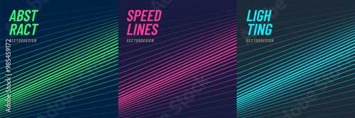 Set of abstract pink, green or blue speed lines pattern on dark background in perspective view. Futuristic technology curved glowing lighting lines with copy space. Simple and minimal vector design.