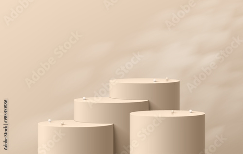 Realistic beige 3D cylindrical podium background with window lighting wall scene. Minimalist mockup pedestal, Abstract luxury product display presentation, Stage for showcase. Platforms vector design.