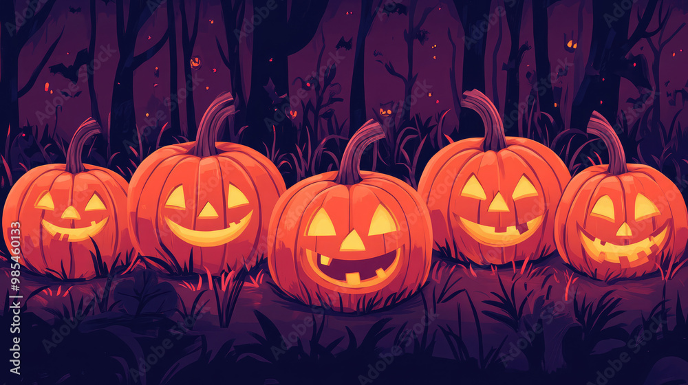 A group of pumpkins with their mouths open and eyes wide, all smiling A group of pumpkins with their mouths open and eyes wide, all smiling