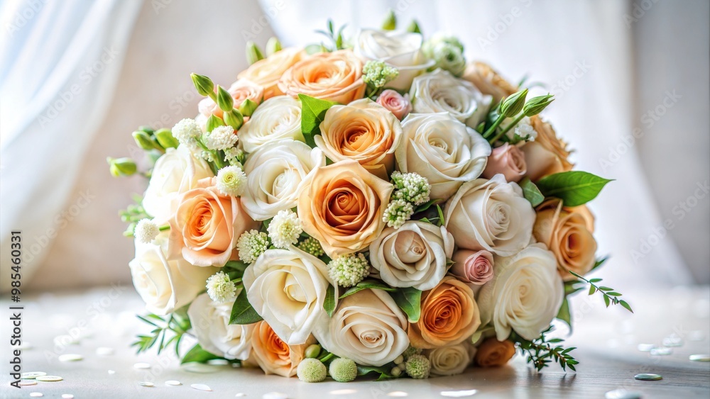 Elegant wedding bouquet of white and peach roses with greenery against a soft blurred background Elegant wedding bouquet of white and peach roses with greenery against a soft blurred background