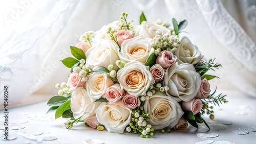 Soft pastel wedding bouquet of white and blush roses with greenery on a light fabric background