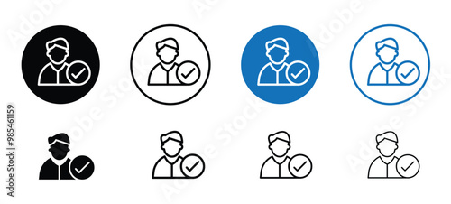 A series of attend icons of men with a check mark on them. The attend icons are in different colors and sizes, attend icons editable in different styles, reusable attend icons