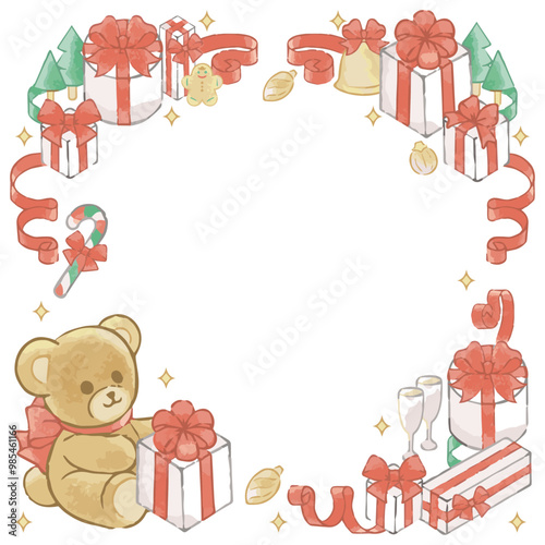 クリスマス　手描き　水彩　フレーム　背景　かわいい　コピースペース　イラスト素材