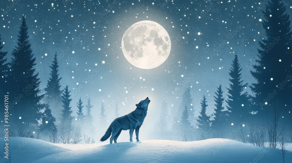 A captivating and realistic image of a lone wolf howling under a full moon, with a backdrop of a snowy forest and twinkling stars A captivating and realistic image of a lone wolf howling under a full moon, with a backdrop of a snowy forest and twinkling stars
