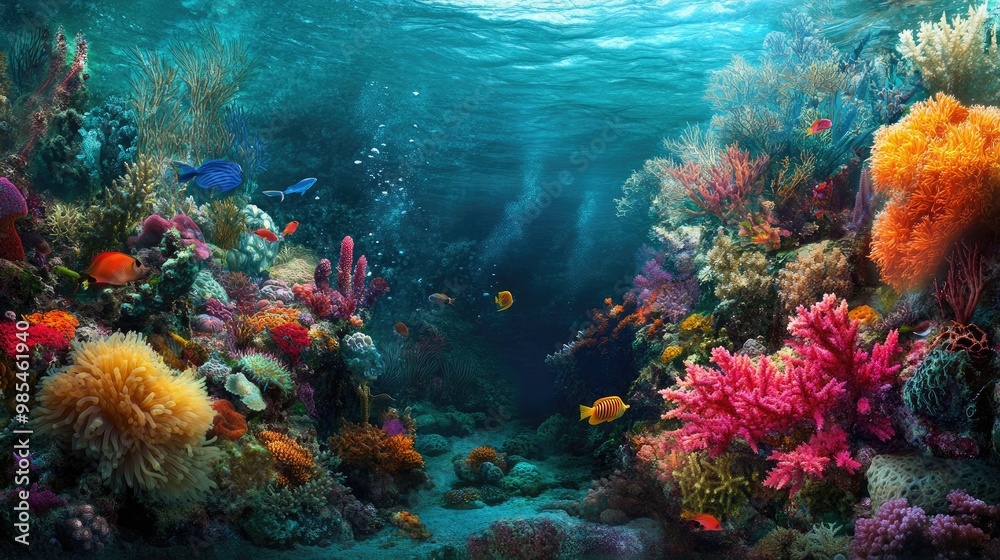 Obraz premium A colorful reef filled with exotic marine life, from vibrant fish to intricate coral formations, thriving under the sea