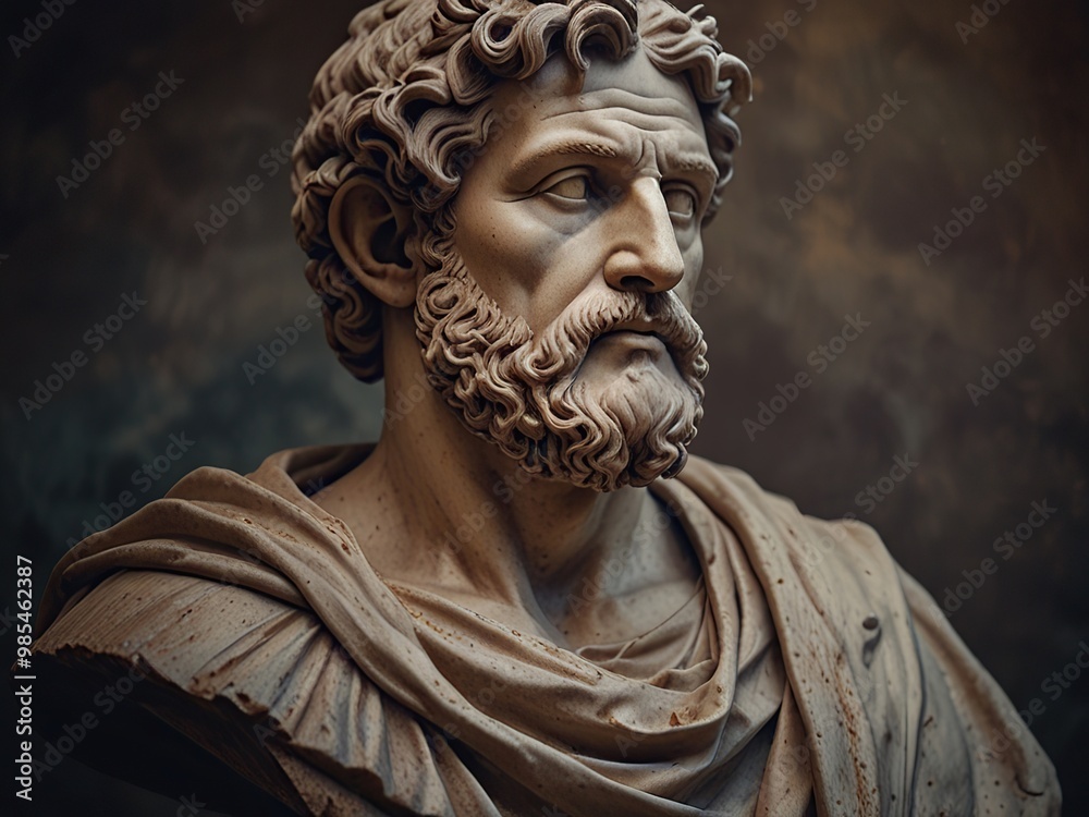 Marble sculpture of an ancient Greek philosopher on a dark background, close-up Marble sculpture of an ancient Greek philosopher on a dark background, close-up
