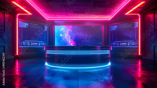 Studio interior for news broadcasting, vector empty placement with anchorman table on pedestal, digital screens for video presentation and neon glowing illumination. Realistic breaking news studio