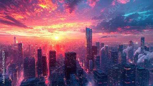 A mesmerizingly detailed and realistic photo of a colorful sunset over a vibrant and bustling city, with towering skyscrapers and twinkling lights