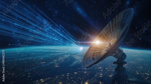 A satellite dish on Earth communicating with a satellite in orbit, with beams of light illustrating the data transmission between them