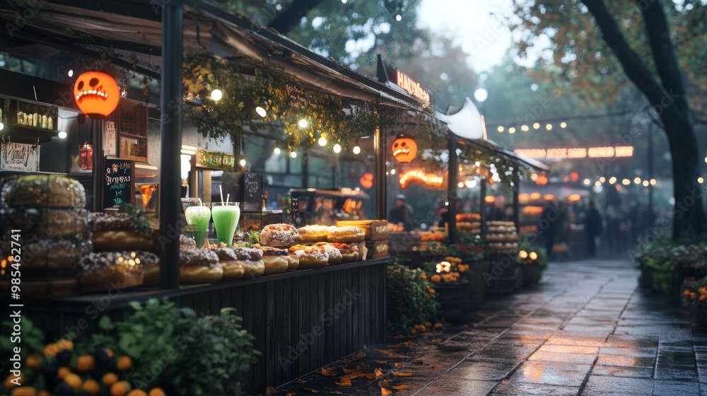 Haunted food stall offering eerie ghost donuts glowing green drinks Haunted food stall offering eerie ghost donuts glowing green drinks