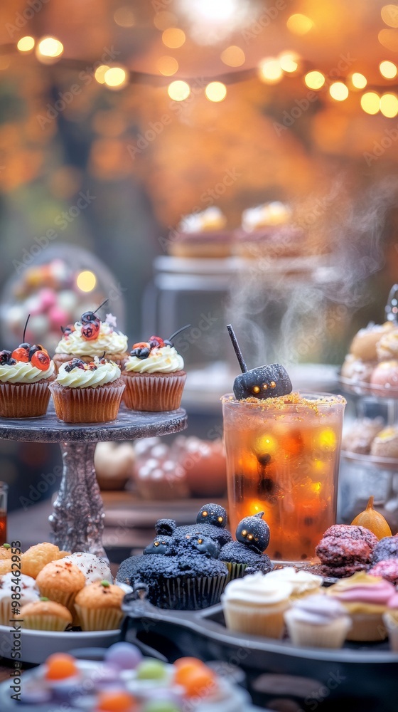 Haunted food stall offering spooky ghost-themed cupcakes glowing witchs brew punch Haunted food stall offering spooky ghost-themed cupcakes glowing witchs brew punch