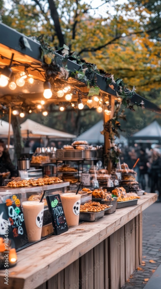 Haunted food stall selling spooky bat-wing waffles glowing monster milkshakes Haunted food stall selling spooky bat-wing waffles glowing monster milkshakes