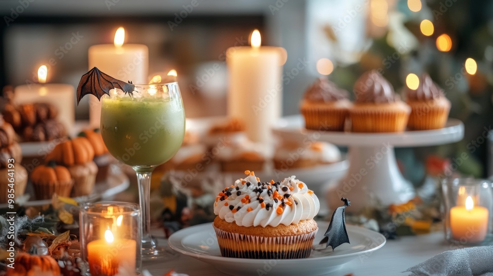 Naklejka premium Haunted Halloween banquet featuring spooky ghost-themed cupcakes glowing green monster drinks