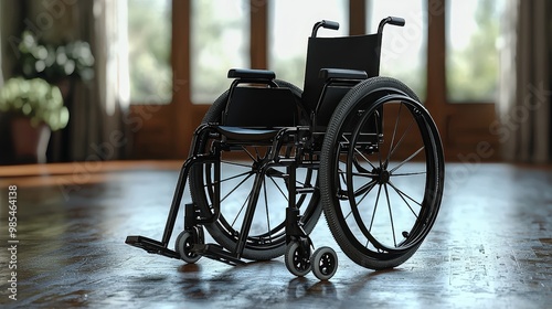 Black Wheelchair on Wooden Floor Medical Equipment Disability Accessibility