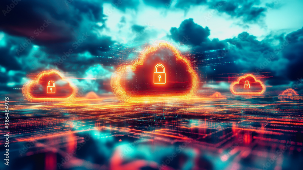 Glowing secure cloud icons connected in a digital futuristic landscape with data transfer lines Glowing secure cloud icons connected in a digital futuristic landscape with data transfer lines