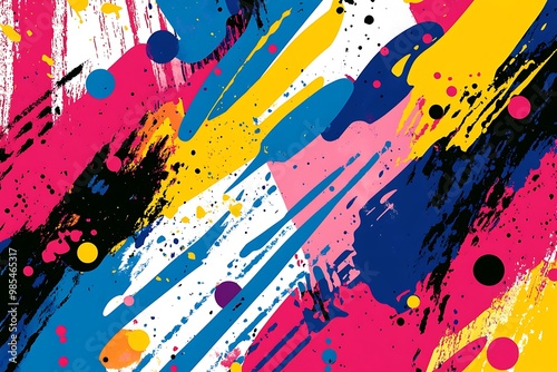 Vibrant abstract splashes of pink, blue, and black on a yellow background create a lively artistic expression. Generative AI