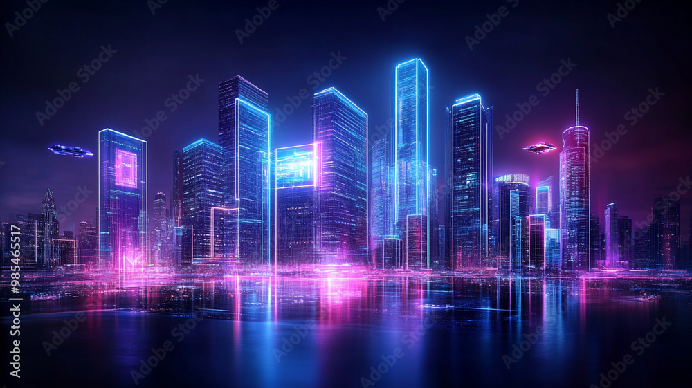 Futuristic city skyline with neon lights and reflections in water Futuristic city skyline with neon lights and reflections in water