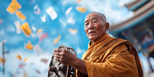 A Tibetan Buddhist monk turning a massive prayer wheel, surrounded by colorful prayer flags blowing in the wind
