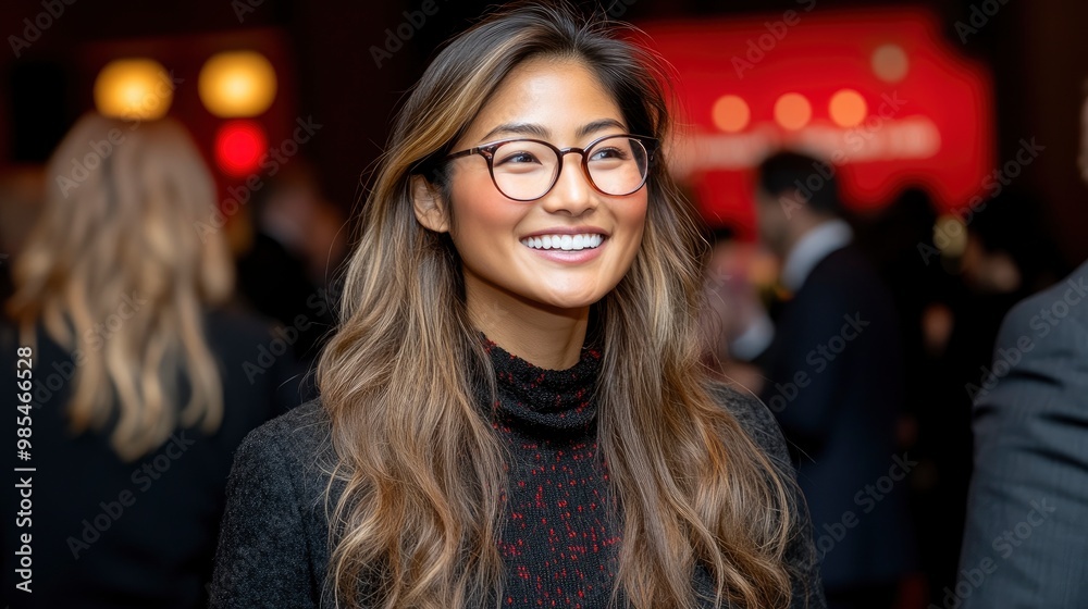 Young woman with long brown hair smiling at a social gathering Young woman with long brown hair smiling at a social gathering