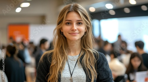 Young Woman Smiling in a Crowd at a Conference or Event