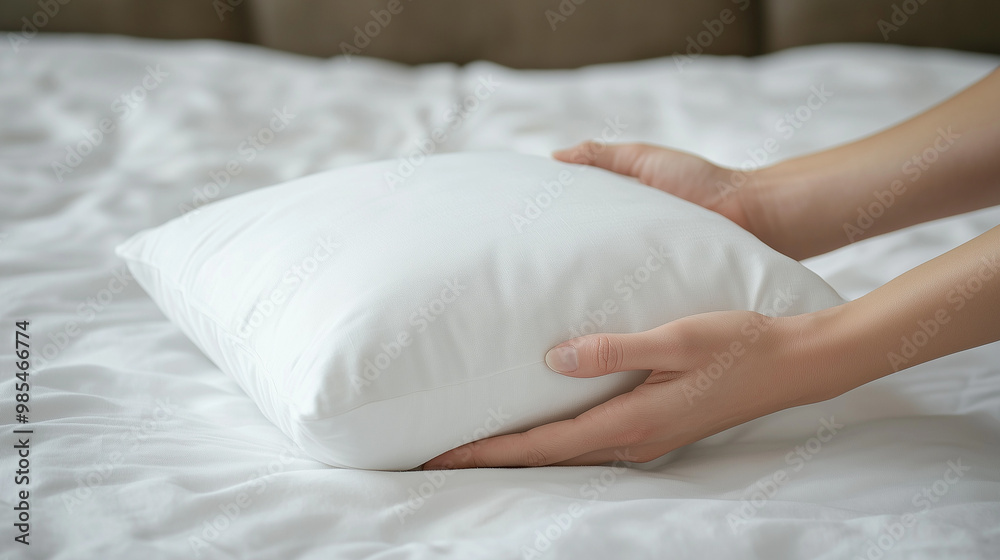 hand holding a plain white pillow, pillow placed on a mattress with neat white sheets, Ai generated images hand holding a plain white pillow, pillow placed on a mattress with neat white sheets, Ai generated images