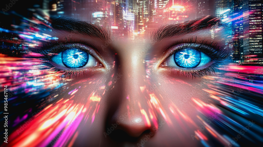 Futuristic cityscape with neon lights, speeding cars, and a woman's glowing blue eyes Futuristic cityscape with neon lights, speeding cars, and a woman's glowing blue eyes
