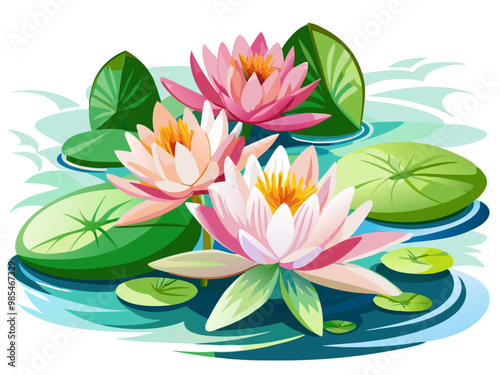 Vibrant Water Lily Illustration - Cluster of Pink and Peach Blooms on Lush Lily Pads, Symbolic of Tranquility and Beauty in Aquatic Gardens, Water Lily Vector Illustration 
