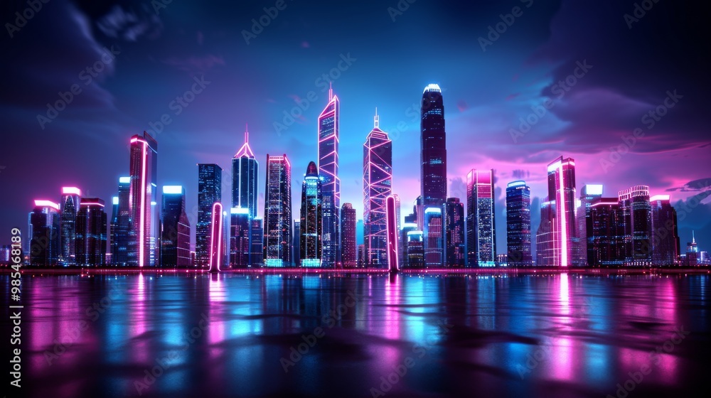 Vibrant Neon Cityscape at Night with Reflections Vibrant Neon Cityscape at Night with Reflections