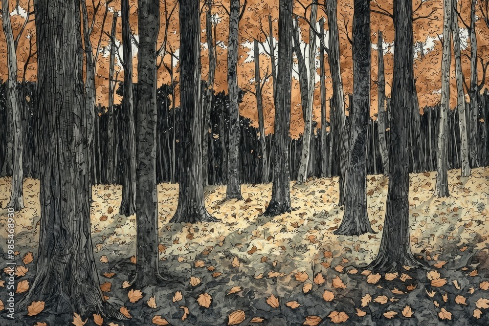 Fototapeta premium Hand Drawn Aesthetic Forest Landscape in Autumn with Vibrant Foliage and Fallen Leaves on Ground