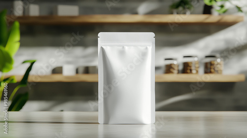 mockup white supplement bag upright on round rattan table, facing front, minimalist living room background, Ai generated images